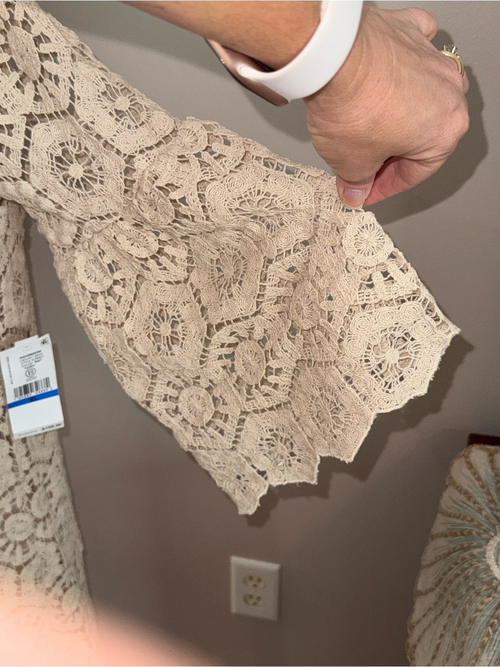 Karen Kane New Natural Beige Crochet V-neck Ruffle bell sleeve BOHO dress sz XL - Picture 5 of 12